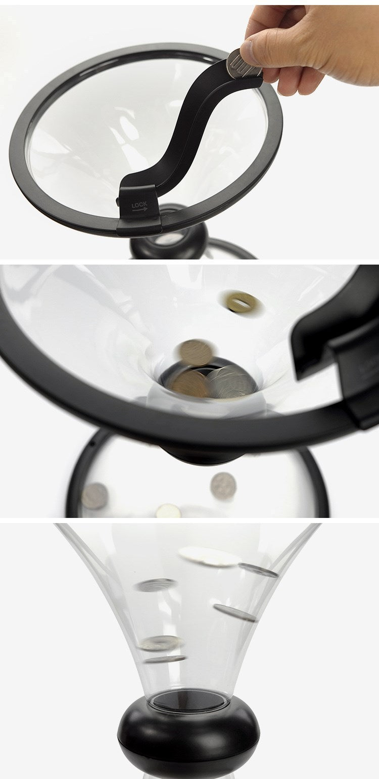 Gravity cyclone spinning circle coin piggy bank