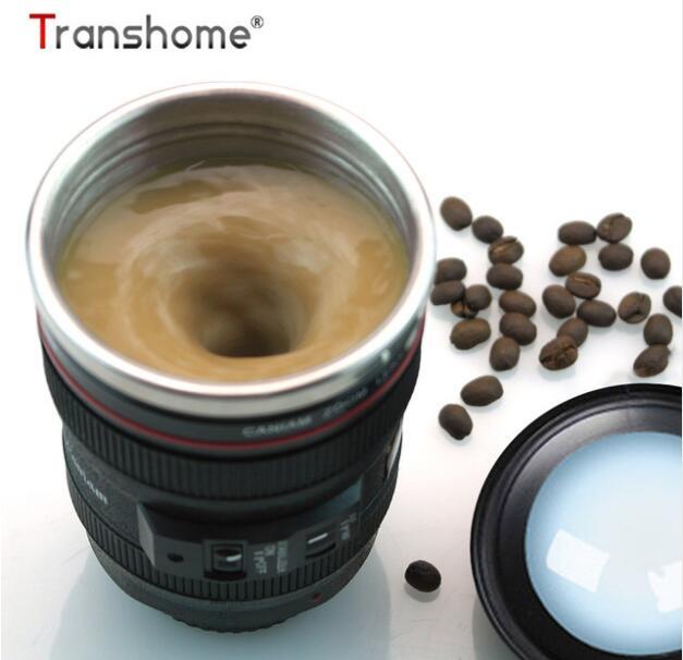 Transhome Creative Self Stirring Mug Camera Lens Mugs 300ml Battery Style Stainless Steel Milk Coffee Cups For Sporting Travel