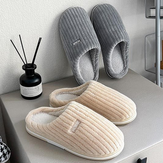 Solid Color Simple Cotton Slippers Winter Non-slip Home Warm Plush Slippers Household Indoor Couple Women's House Shoes